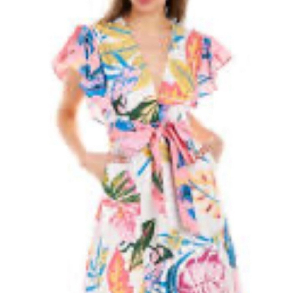 Garrie B gorgeous‎ floral MIDI  sz XS sash cotton vneck dress